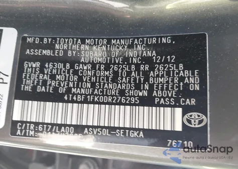 2013 Toyota Camry Xle from USA, damaged, VIN 4T4BF1FK0DR276295